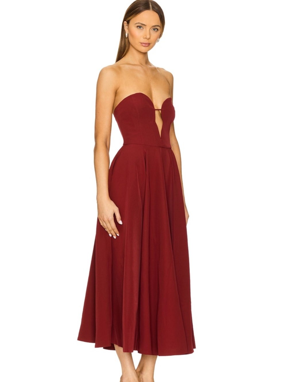 Bardot Strapless Sweetheart Midi Dress – Size 6 Burgundy - Picture 3 of 4